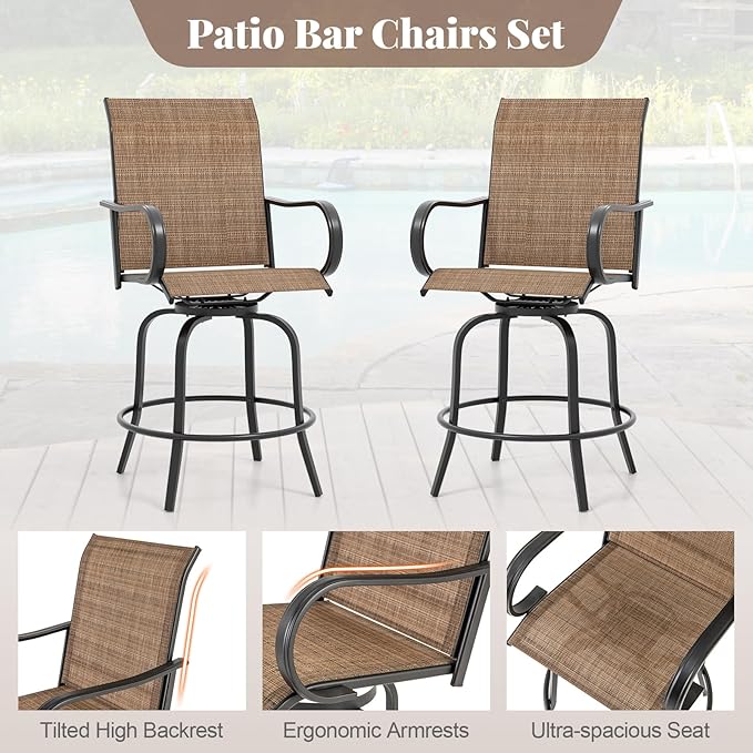 Giantex Set of 2 Swivel Outdoor Bar Stools, All-Weather Bar Height Patio Chairs, 330LBS Capacity, 360 Rotating Outside Bar Chairs with High Back Armrests, for Porch Yard Lawn Garden Pool (Brown)