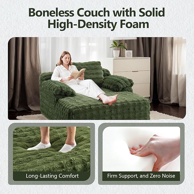 VINGLI 67.7" Oversized Chaise Lounge Chair Indoor Reading Chairs Comfy Bubble Fleece Upholstered Boneless Sofa Bed Sleeper Sofa Cloud Couches for Living Room, Bedroom, Play Room (Green)