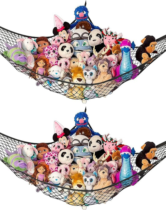 Lilly's Love Large Stuffed Animal Hammock | Corner Hanging Organizer, Toy Storage, Stuffed Animal Storage Net | Made from Quality Fishing Net, Holds 12lbs | 79"x63"x63" (Black, 2 Pack)