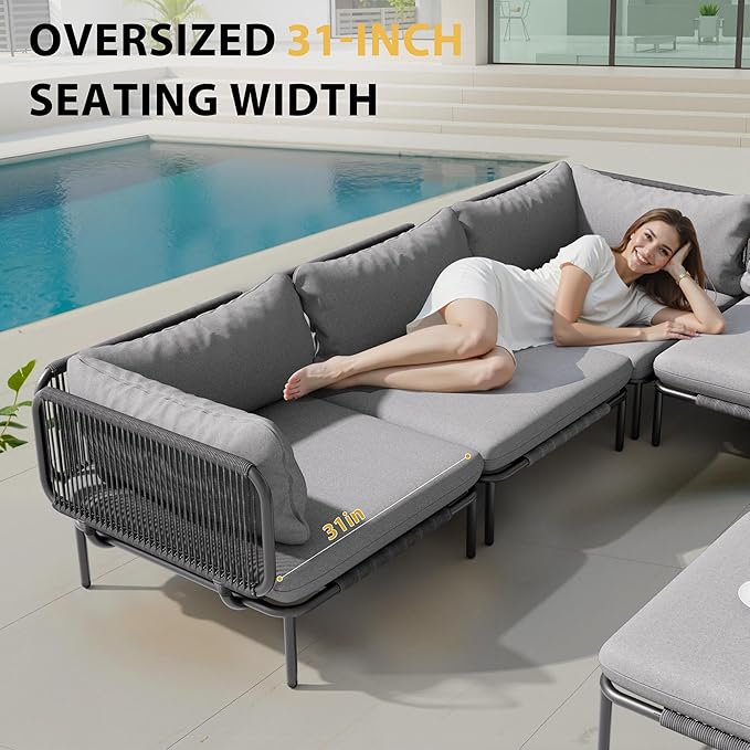 6 Piece Modern Outdoor Sectional Sofa, 31" Oversized Patio Furniture Set with Olefin Woven Rope, Weather-Resistant Metal Frame and Removable Cushion, Dark Grey