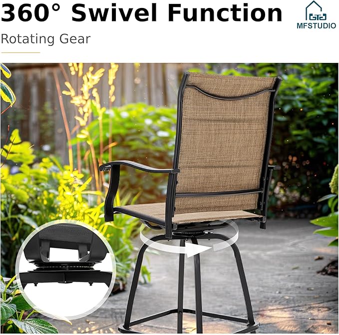 MFSTUDIO Outdoor Bar Stools Set of 2, Swivel Bar Height Patio Chairs Outdoor Barstools High Top Patio Swivel Bar Chairs, Padded Textilene Stools for Outside