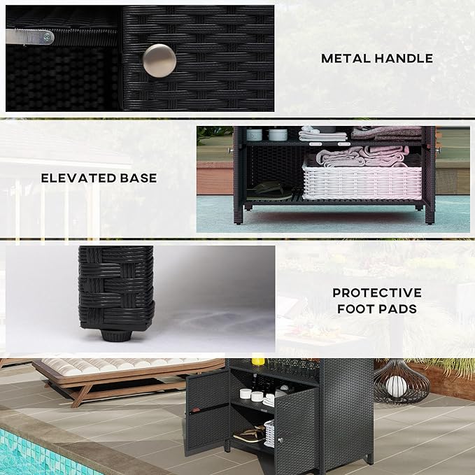 Outsunny Wicker Outdoor Storage Cabinet, Rattan Outdoor Bar Table with Acacia Wood Countertop, 2 Doors and Shelf, Buffet Cabinet Sideboard for Poolside, Garden, Patio, Backyard, Black