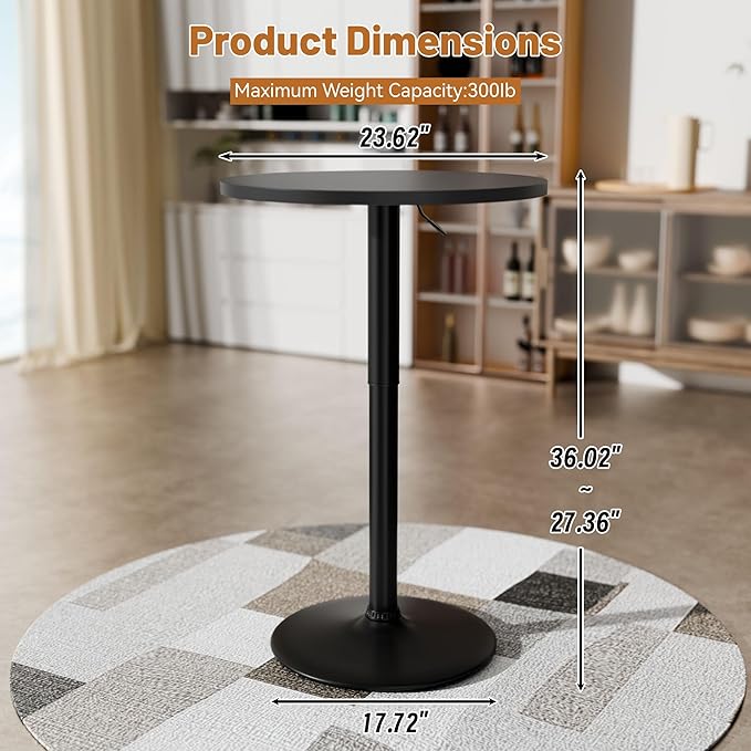 Flamaker Round Bistro Pub Table 23.6 Inch Height Adjustable 360° Swivel Bar Table Metal Base for Pub, Dining Room, Party (2, Full Black)