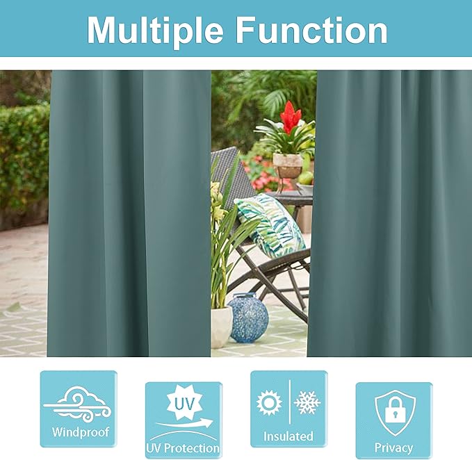 RYB HOME Outdoor Curtains for Patio, Waterproof Blackout UV Protection Outside Decor for Porch Swimming Pool Hut Garden Pavilion Pop Up Tent Pergola Balcony, W 52 x L 84, 1 Panel, Greyish Blue