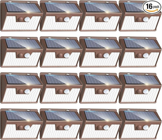 Peasur Brown Solar Lights Outdoor Motion Sensor 16 Pack, Ultra-Bright 3 Mode 140LED Fence Security Light Waterproof, Solar Wall Lighting for Patio Yard Step House Outside Cool White