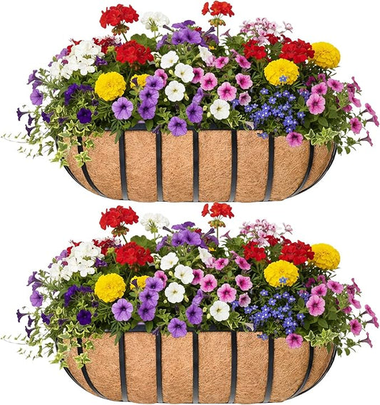16“ Window Box Railing Planter with Coco Liner Metal Wall-Mounted Coconut Liner Planter Basket English Horse Trough Planters for Outdoor Deck Balcony Porch Fence Patio Black (2 Pack)