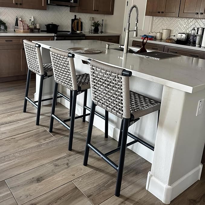PURPLE LEAF Bar Stools Set of 2 with Back Aluminum Patio Counter Height Stools for Pool Lawn Kitchen All Weather Wicker Outdoor Bar Chairs Dark Grey