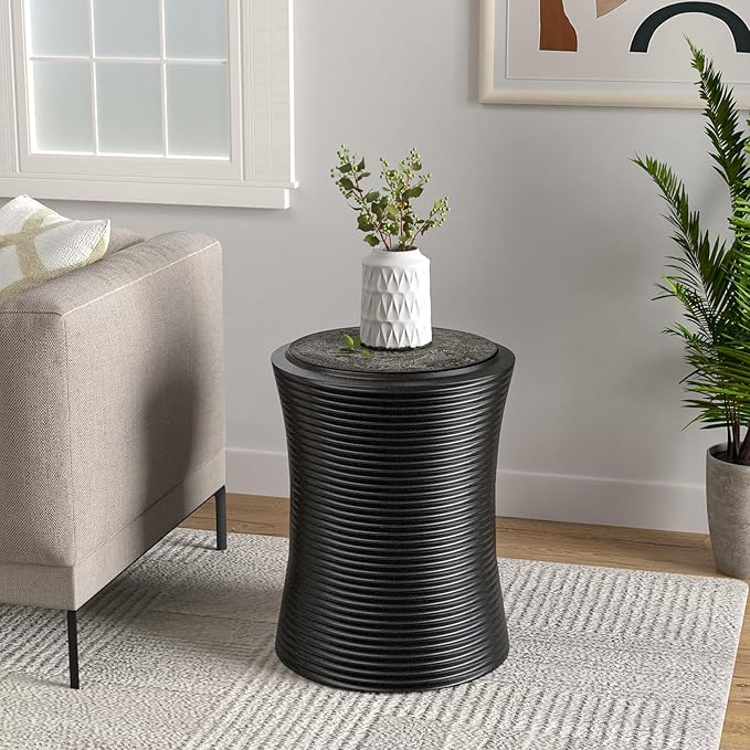 COSIEST Outdoor Side Table Black, Round MgO Concrete Side Table, Lightweight Outdoor Accent Table with Faux Natural Slate Rock, Cylinder Patio Table Top Plant Stand for Garden and Deck