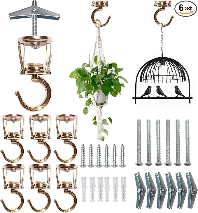 ONIKK Ceiling Hooks for Hanging Plants (6 PCS Gold), Heavy Duty Metal Plant Hooks, Screw in Hooks for Hanging Birdfeeders, Lamps, Planters, Indoor Outdoor Wall Baskets Hooks up to 33 lbs