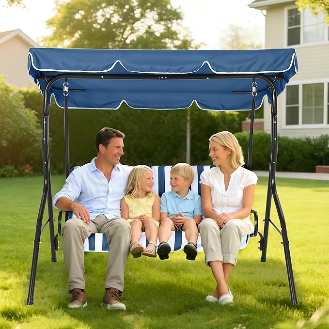 Outdoor Porch Swing Chair with Adjustable Canopy & Striped Seat Cushion for Adults 3-Seat Patio Glider Bench with Thick Cushions Steel Frame Outdoor Swing Chair for Backyard Lawn Garden Blue