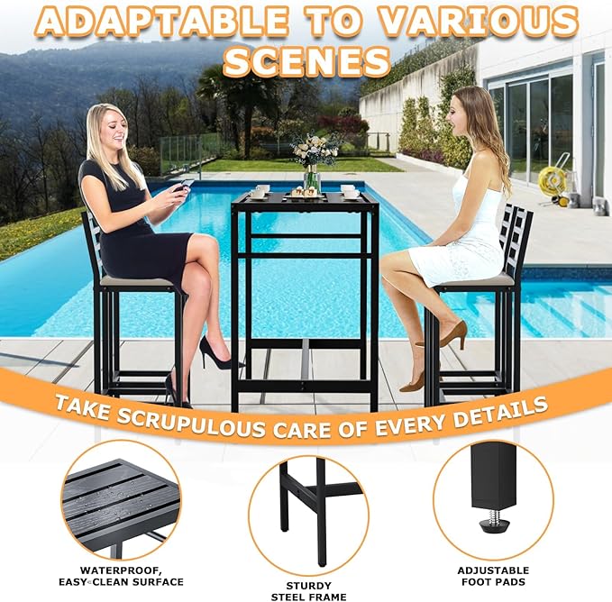5 Piece Outdoor Patio Bar Set, 50" Rectangular Counter Height High Top Bar Table Patio Bar Set, 4 Cushioned 41" Bar Stools Modern Metal Outdoor Bar Set for Poolside, Balcony, Backyard, Porch