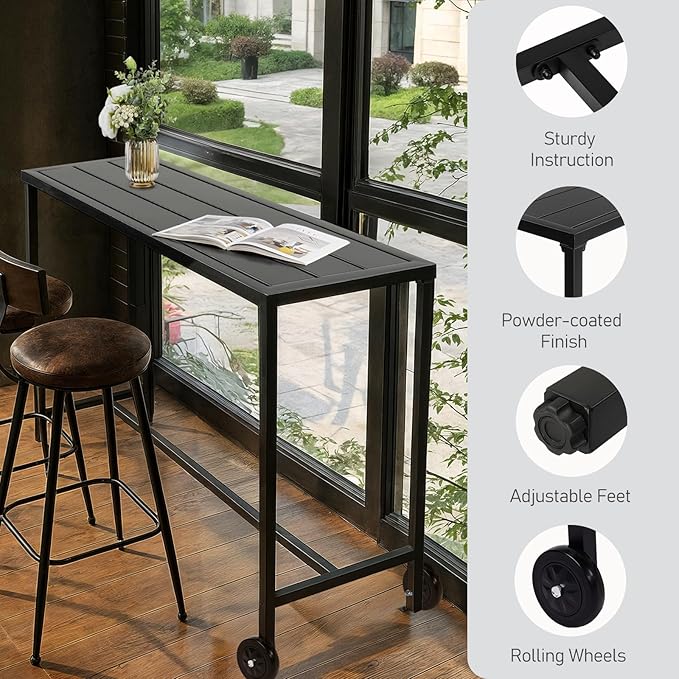 Outvita Outdoor Bar Table, 37" Height Wheeled Patio Pub Table with Waterproof Frame and Adjustable Foot for Hot Tub, Patio, Backyard, Balcony, Hallway, Bistro Rectangle, Black