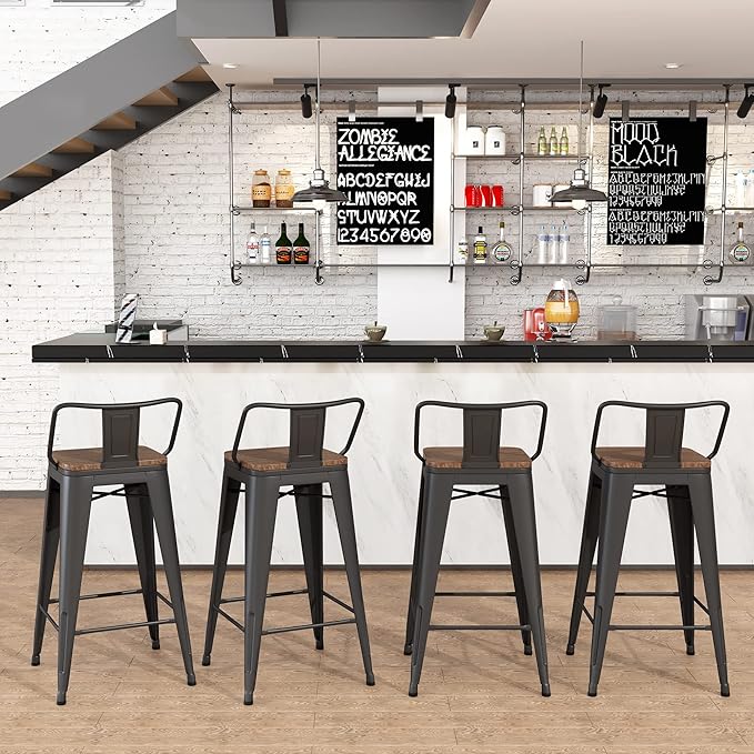 Yongchuang 26" Metal Bar Stools Set of 4 Counter Height Barstools with Wood Top Low Back Matte Black