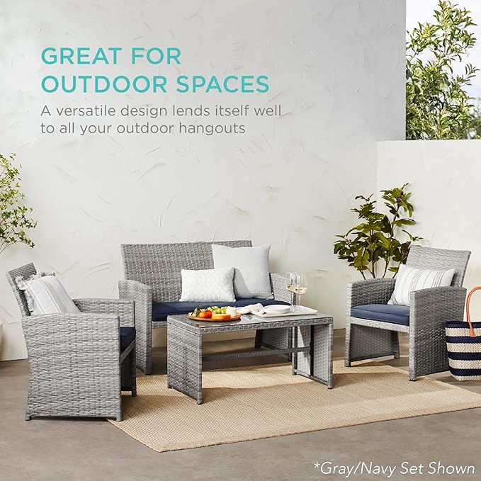Best Choice Products 4-Piece Outdoor Wicker Patio Conversation Furniture Set for Backyard w/Coffee Table, Seat Cushions - Natural/Cement Gray
