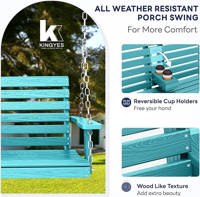 KINGYES Outdoor Hanging Porch Swing, 2 Seat Patio Swing Chair with Cup Holders, Waterproof Swing Chair Bench for Courtyard & Garden, 660LBS Weight Capacity, Aruba Blue