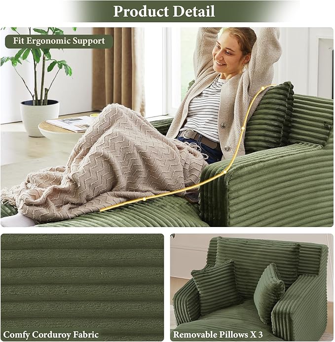 65.4" Chaise Lounge Chair Indoor, Oversized Boneless Couch Comfy Upholstered Sleeper Sofa Bed with 3 Pillows, Corduroy Cloud Reading Chair for Living Room No Assembly Required, Green
