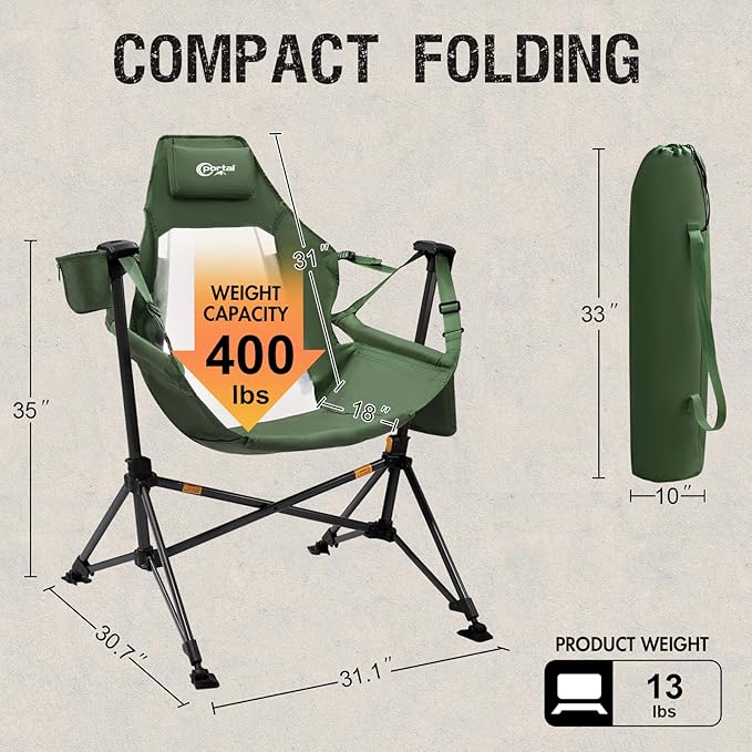 Portal Hammock Camping Chair, Portable Outdoor Swinging Chairs with Adjustable Back and Height for Lawn, Backyard, Patio, Supports 400 lbs, Breathable Mesh High Back, Green