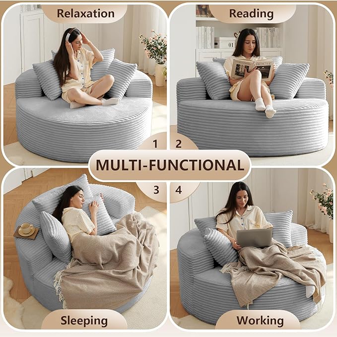 Oversized Round Chair Lounge Chaise Indoor, Upholstered Corduroy Deep Seat Cloud Large Circle Sofa Chair, No Assembly Required, Fluffy Modern Sleeper Sofa Bed for Reading, Living Room, Light gray