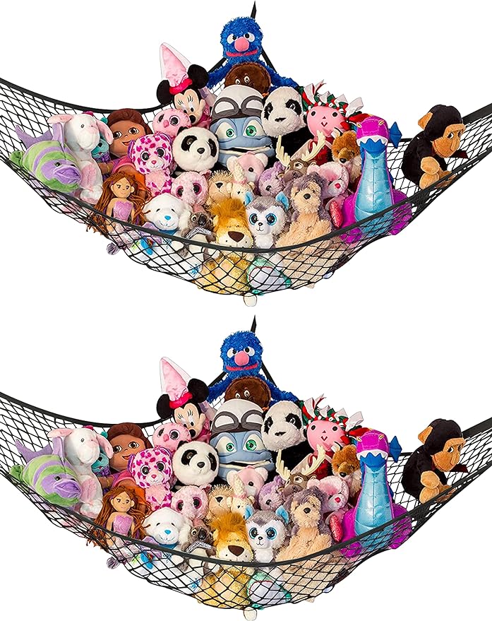 Lilly's Love Stuffed Animal Hammock | Corner Hanging Organizer, Toy Storage, Stuffed Animal Storage Net | Made from Quality Fishing Net, Holds 12lbs | 67"x47"x47" (Black, 2 Pack)