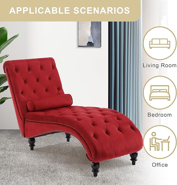 Chaise Lounge Indoor,Velvet Upholstered Lounge Chair Button-Tufted Armless Chair with Pillow, for Bedroom Living Room Office Modern Backrest Leisure Recliner Sleep Sofa,Red