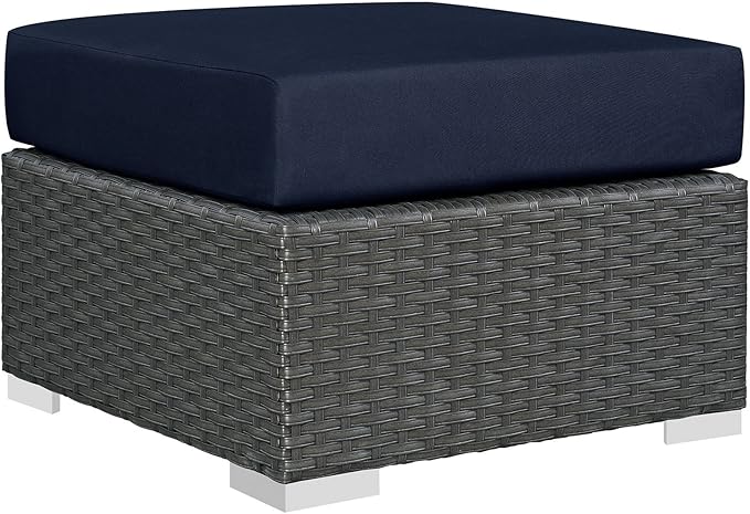 Modway Sojourn Wicker Rattan Outdoor Patio Sunbrella Fabric Ottoman in Canvas Navy