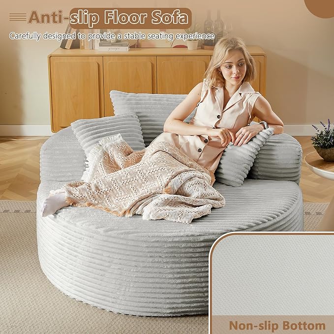 Oversized Round Chair Lounge Chaise Indoor, Upholstered Corduroy Deep Seat Cloud Large Circle Sofa Chair, No Assembly Required, Fluffy Modern Sleeper Sofa Bed for Reading, Living Room, White Gray