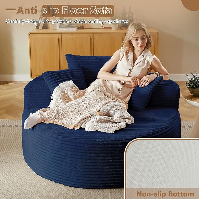 Oversized Round Chair Lounge Chaise Indoor, Upholstered Corduroy Deep Seat Cloud Large Circle Sofa Chair, No Assembly Required, Fluffy Modern Sleeper Sofa Bed for Reading, Living Room, Bedroom, Blue