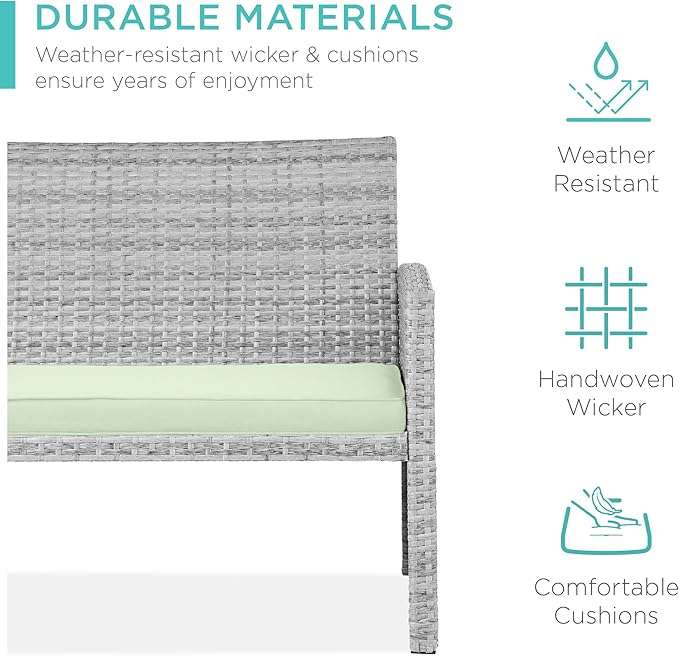 Best Choice Products 4-Piece Outdoor Wicker Patio Conversation Furniture Set for Backyard w/Coffee Table, Seat Cushions - Gray/Light Mint