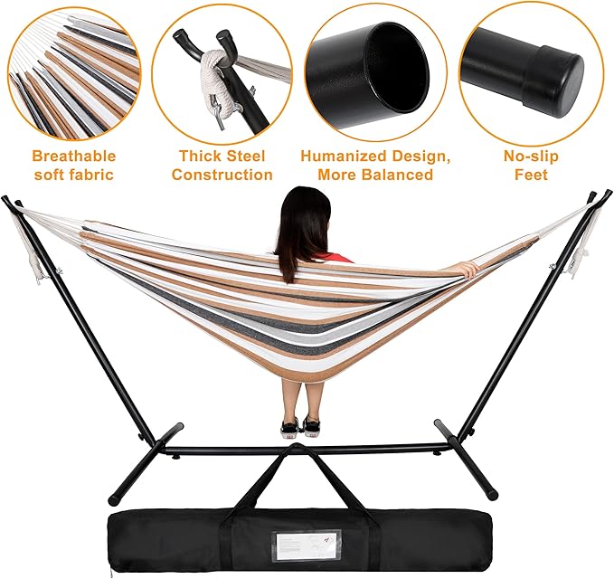 SUPER DEAL Portable 2 Person Hammock with 9FT Hammock Stand, 620 LBS Capacity Adjustable Hammock Bed with Space Saving Carrying Case Included for Camping Garden Backyard Patio Indoor Outdoor