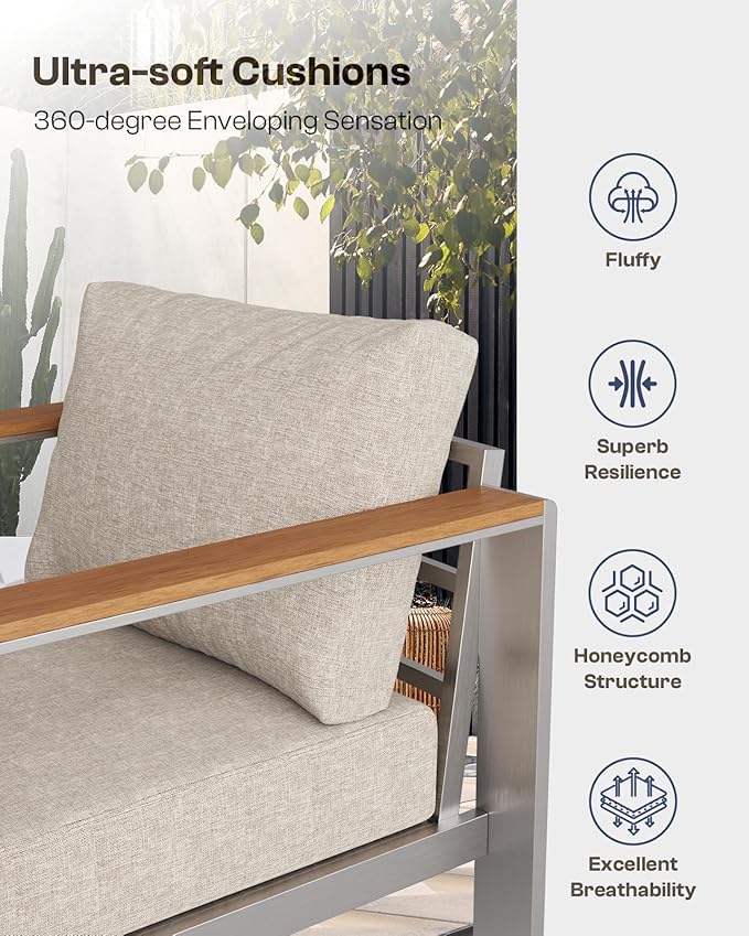 Aluminum Outdoor Patio Furniture, 3 Seats All-Weather Outdoor Patio Sofa with Washable Thick Cushion, Patio Sofa Couch for Porch, Balcony, Deck, Yard, Silver