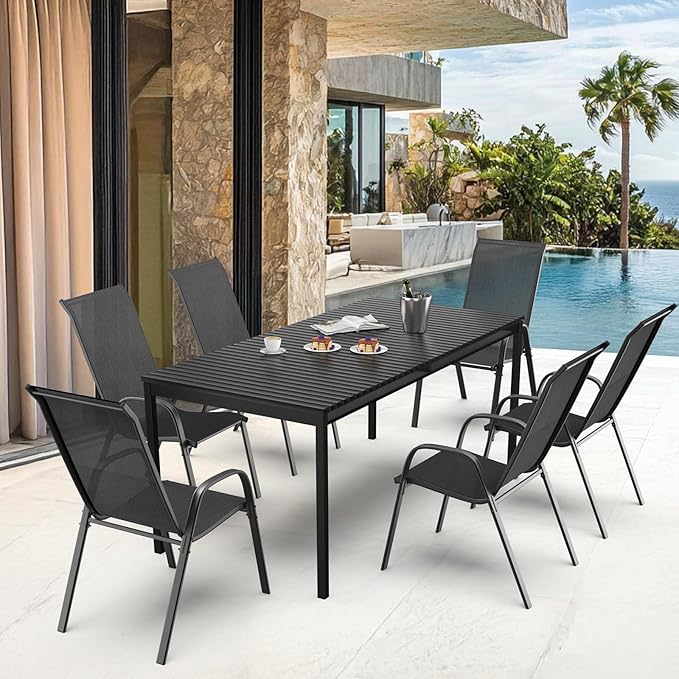 VINGLI Patio Chairs Set of 6 – Stackable Outdoor Dining Chairs with Comfortable Sling High Back Chairs and Armrests for Lawn, Poolside, Courtyard, Balcony, Garden, Black