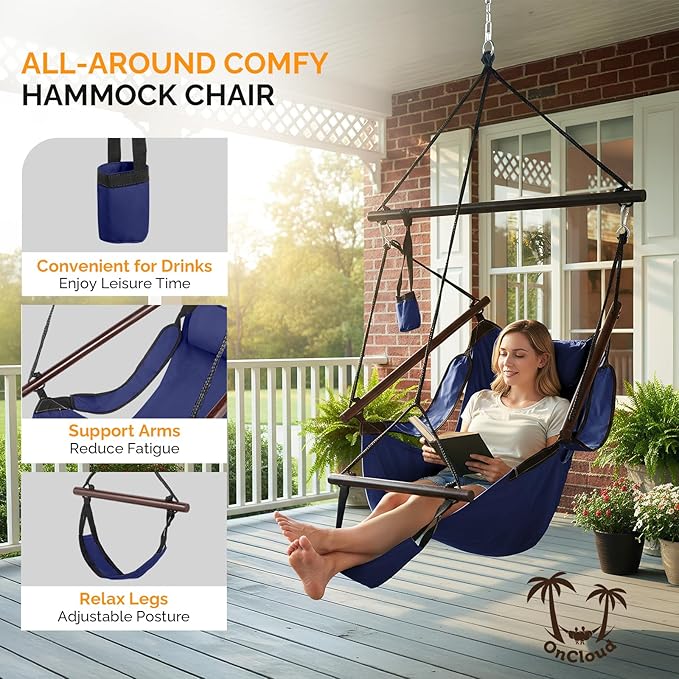 ONCLOUD Sky Chair, Deluxe Hanging Hammock Air Chair Swing Seat with Pillow, Drink Holder, Solid Wood Weather Resistant for Indoor/Outdoor Yard Garden Tree Patio Porch, 250 LBS (Navy Blue)