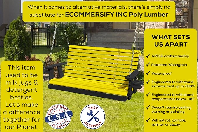 Poly Lumber Wood 4FT Porch Swing Amish Craftsmandship Made in USA HDPE with No wood fibers and 1000 lbs Limit. Stainless Steel Hardware.Signature Rollback design for Patio Outdoor Backyard Garden Park