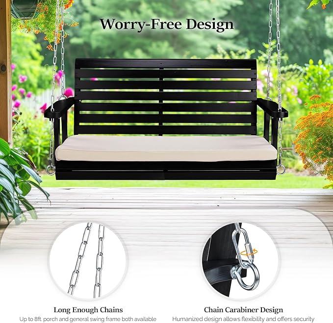 VINGLI Wooden Porch Swing, Heavy Duty 880 LBS Hanging Patio Bench with Extra Cushion for Lawn| Garden| Courtyard (Black, 4 feet)
