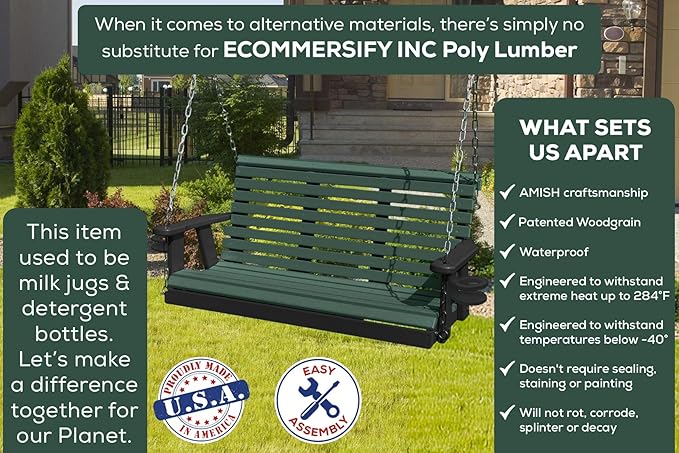 Poly Lumber Wood 4FT Porch Swing Amish Craftsmandship Made in USA HDPE with No wood fibers and 1000 lbs Limit. Stainless Steel Hardware.Signature Rollback design for Patio Outdoor Backyard Garden Park