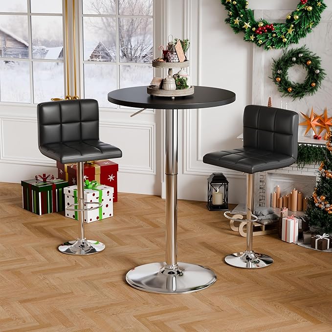 Flamaker Round Bistro Pub Table 23.6 Inch Height Adjustable 360° Swivel Bar Table Metal Base for Pub, Dining Room, Party (2, Black-Silver)