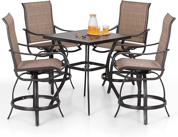 PHI Villa 5 Piece Outdoor Bar Set, Counter Height Patio Bar Bistro Table and Swivel Bar Stools Chairs with All Weather Brown Textilene Fabric for Garden, Yard, Poolside
