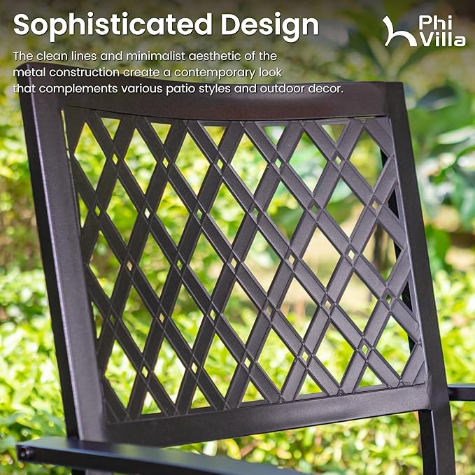 PHI VILLA 7 Pieces Outdoor Dining Set for 6, 60” Rectangular Black Metal Table with Umbrella Hole & Fixed Swivel Chairs Combo, Outside Furniture for Patio, Deck, Backyard, Porch