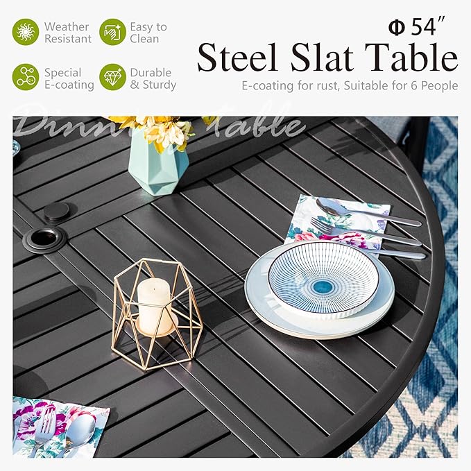 Sophia and William Swivel Patio Dining Set for 6, Outdoor Table and Chairs, Removable Seat Cushions, Black 54" Round Patio Dining Table,Red