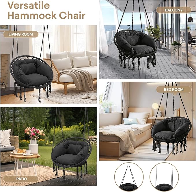 Athena Collection Hammock Chair Hanging Swing Chair with Large Thick Cushions, Outdoor Hanging Chair with Macrame Cotton Rope for Indoor, Outdoor, Bedroom, Balcony, Holds 350 Lbs, Black