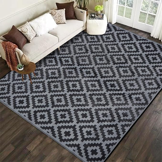 SAND MINE Waterproof Outdoor Rug 8x8 ft, Plastic Reversible Rug, Modern Area Rug, Large Floor Mat for Outdoors, RV, Patio, Backyard, Deck, Picnic, Beach, Camping (8' x 8', Black Grey Lattice)