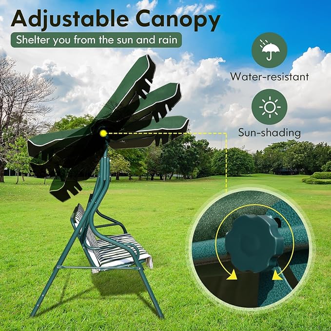Porch Swing Outdoor, 3 Person Patio Swing w/Removable Cushion, Stand & Adjustable Canopy, Heavy Duty Swing Chair for Patio, Garden, Courtyard, Poolside