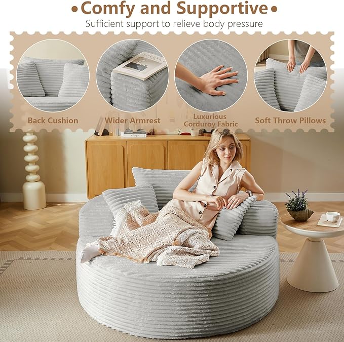 Oversized Round Chair Lounge Chaise Indoor, Upholstered Corduroy Deep Seat Cloud Large Circle Sofa Chair, No Assembly Required, Fluffy Modern Sleeper Sofa Bed for Reading, Living Room, White Gray