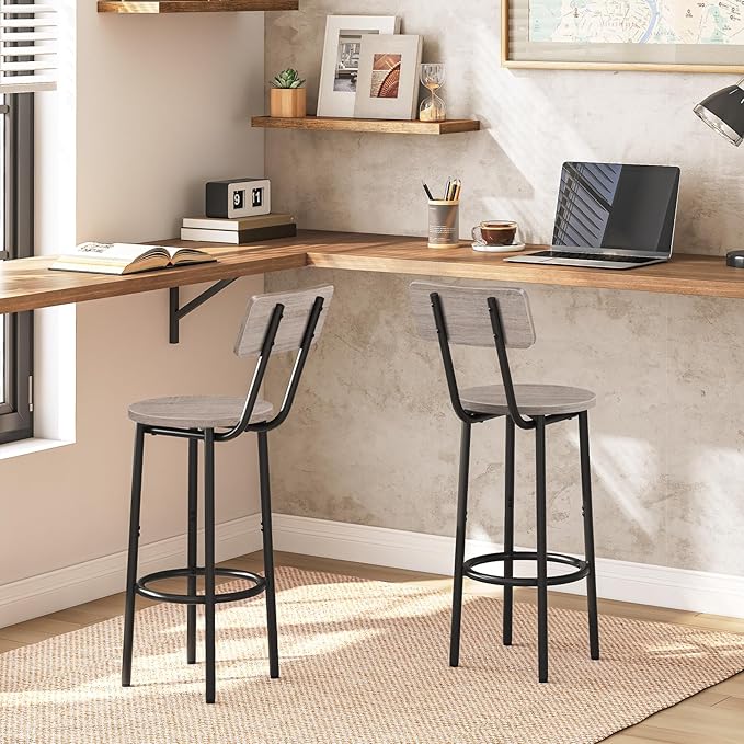 HOOBRO Bar Stools,Set of 2 Bar Stools with Footrest and Back,25.2" Bar Chairs for Kitchen Island, Dining Room,Counter Height Bar Stools, Easy to Assemble, Greige and Black BG32BY01G1