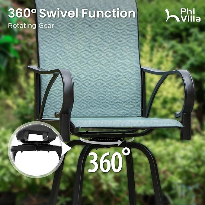 PHI VILLA 7 Piece Outdoor Bar Dining Set, High Top Patio Table and Chairs with 6 Swivel Teal Bar Stools & 40" Rectangle Metal Bar Table for Garden, Yard and Deck