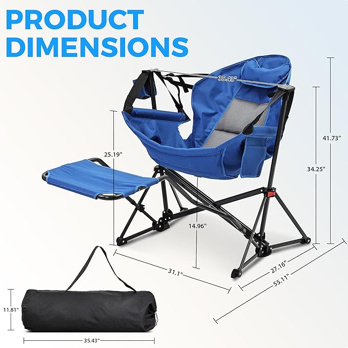 Ainfox Hammock Chair with Footrest, Oversized Swinging Portable Folding Camping Chairs for Adults Outside Swinging Camp with Cup Holder Pillow for Outdoor Patio Lawn Blue