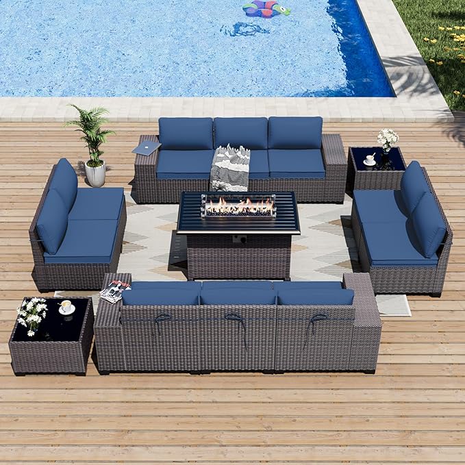 ALAULM 13 Pieces Patio Furniture Set with Propane Fire Pit Table Wicker Outdoor Sectional Sofa Sets Patio Furniture 43" Gas Fire Pit Brown PE Rattan Patio Conversation Set w/10 Cushions (Dark Blue)