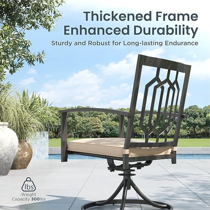 PHI VILLA 5 Pieces Outdoor Dining Set for 4, Round Metal Wrought Iron Table with Umbrella Hole & Swivel Metal Steel Chairs with Cushions, Large Modern Furniture for Patio, Deck, Backyard, Porch