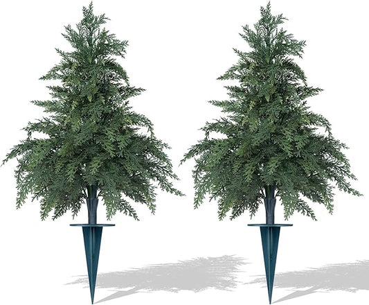 Artificial Cypress Topiary Cedar Trees with Ground Spike, 2 Pieces Fake Pine Shrubs Bushes, UV Resistant Faux Evergreen Tree Plants for Indoor Outdoor Planters Front Porch