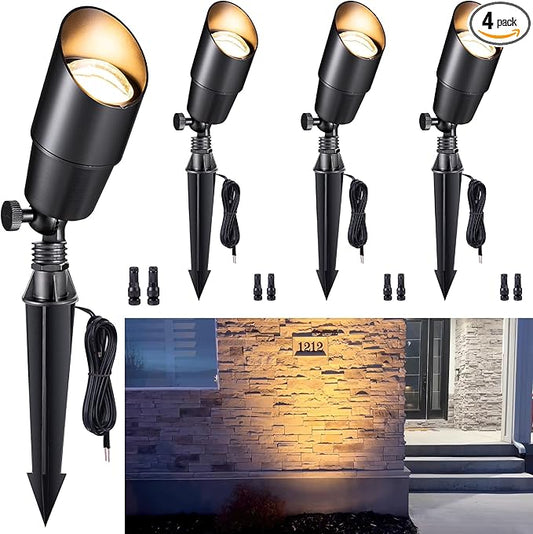 Gardenreet Brass Landscape Lighting - Black Outdoor Low Voltage Spotlights LED, 12V Wired Uplights, Waterproof Spot Lights for Outside Trees Without MR16 Bulb (4 Pack)